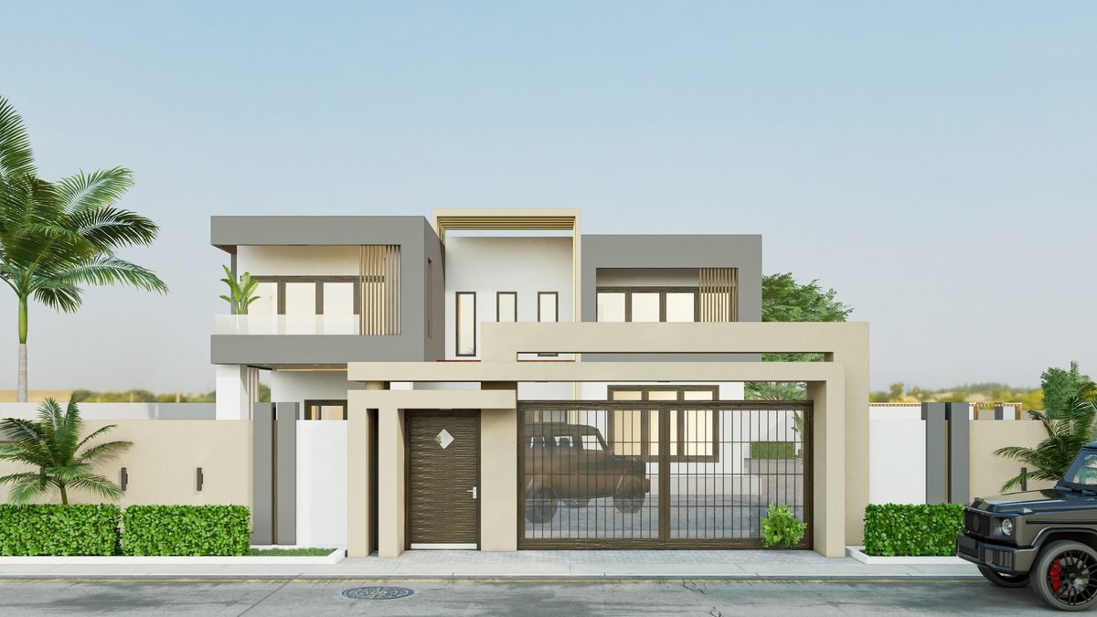 Villa contemporaine à étage avec portail et haie, vue depuis la rue, projet BLEAZ Architecture au Ghana