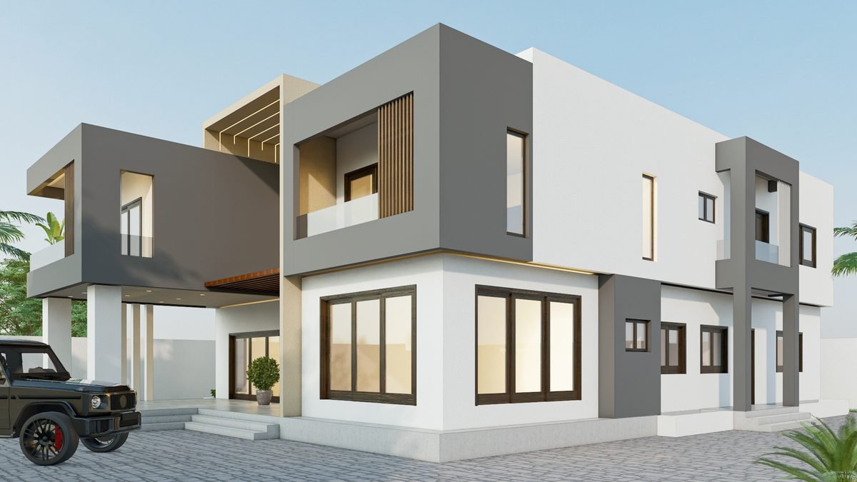 Villa moderne à étage aux volumes gris et blancs, projet BLEAZ Architecture au Ghana